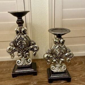 Elegant Silver Candle Holders with Fleur de Lis scroll design